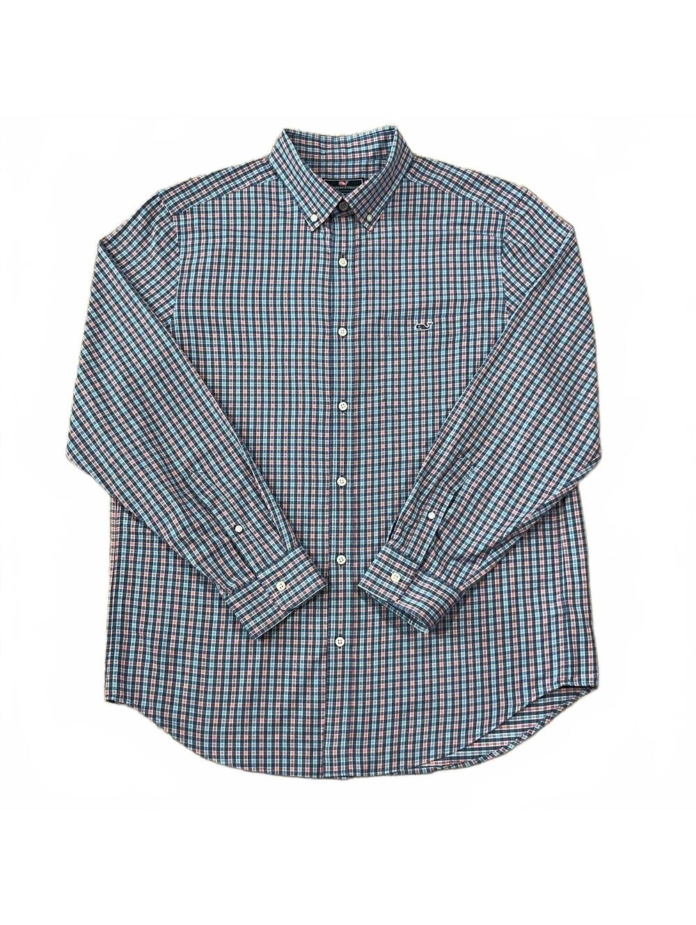 Vineyard Vines Performance Long Sleeve Button Up Shirt Blue Pink Plaid Size XL